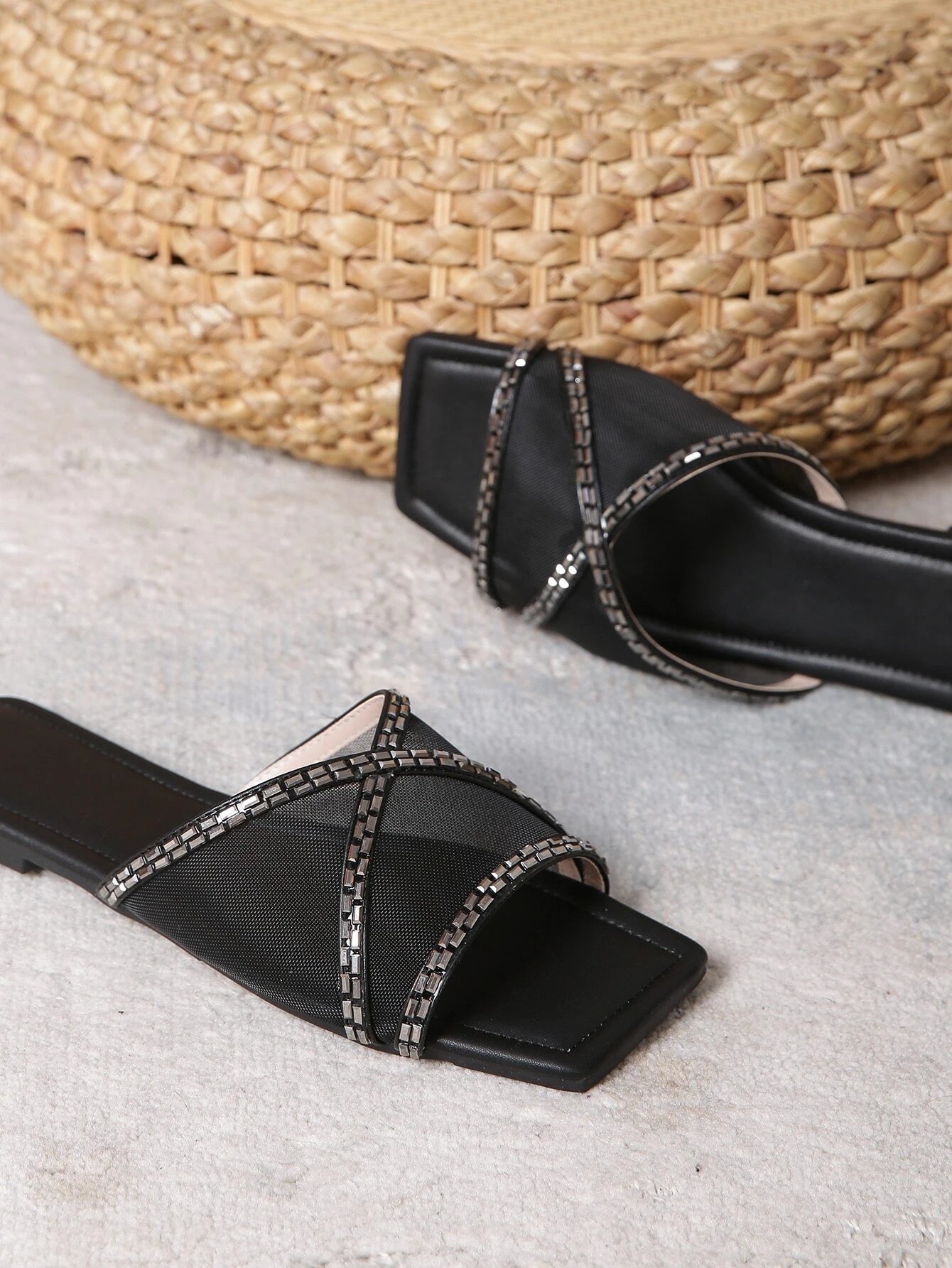 Women Rhinestone Decor Slide Sandals, Fashionable Black Mesh Flat Sandals