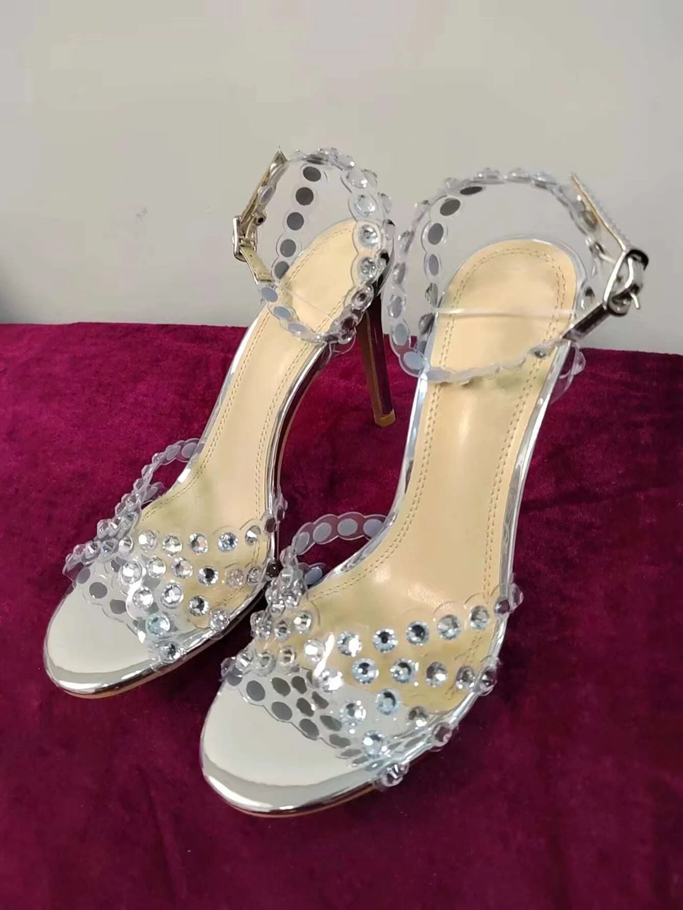Women Rhinestone Decor Stiletto Heeled Ankle Strap Sandals