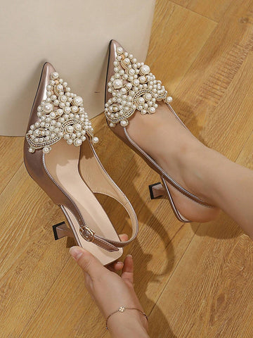 Women Rhinestone & Faux Pearl Decor Point Toe Pyramid Heeled Pumps