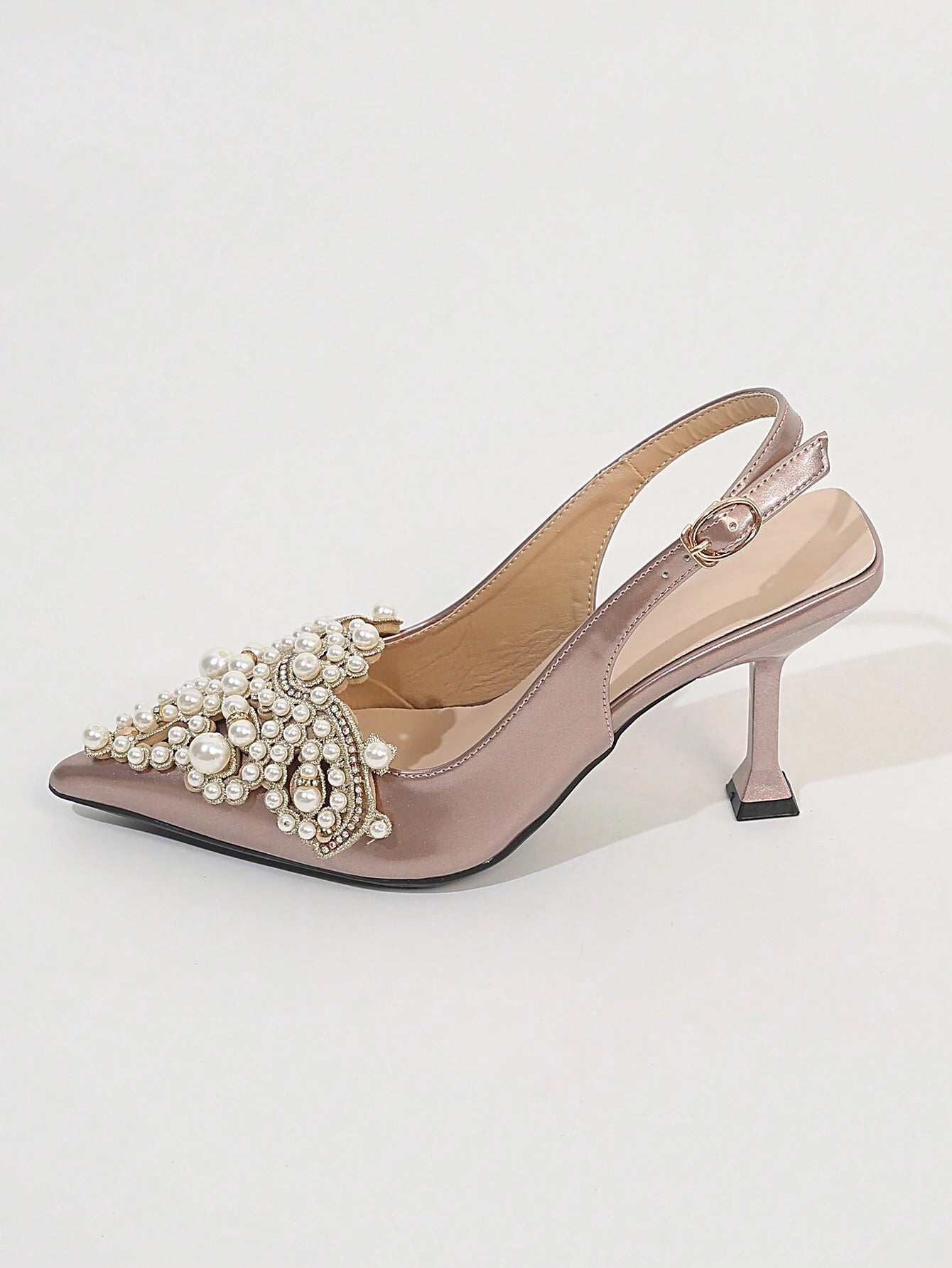 Women Rhinestone & Faux Pearl Decor Point Toe Pyramid Heeled Pumps