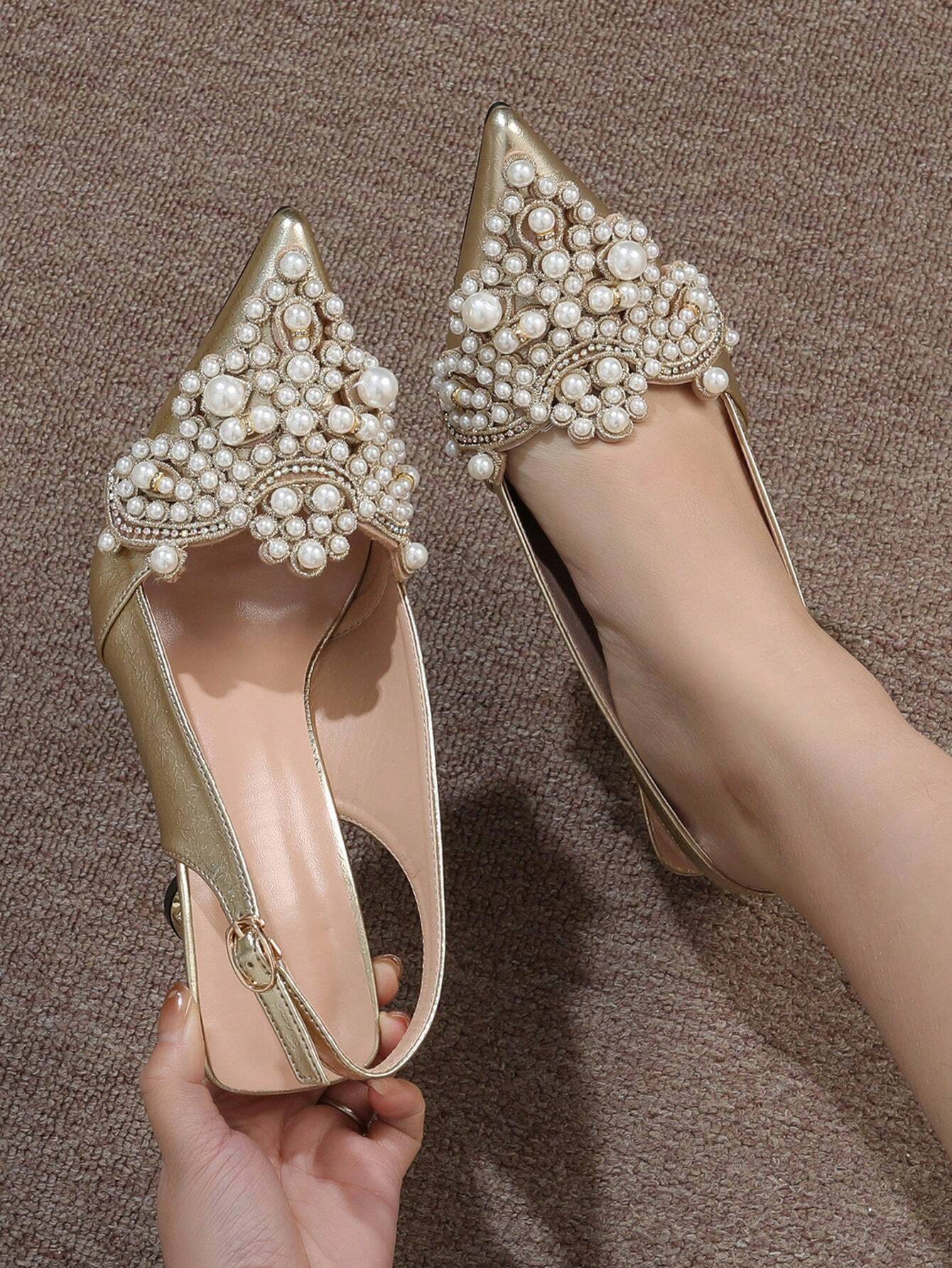 Women Rhinestone & Faux Pearl Decor Point Toe Pyramid Heeled Pumps