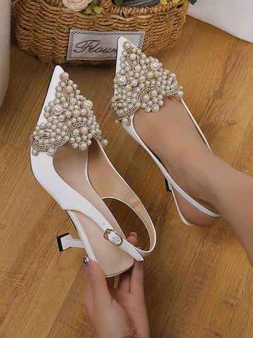 Women Rhinestone & Faux Pearl Decor Point Toe Pyramid Heeled Pumps