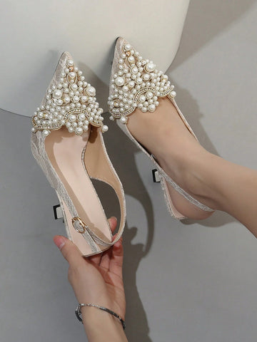 Women Rhinestone & Faux Pearl Decor Point Toe Pyramid Heeled Pumps