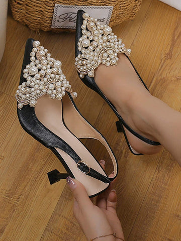 Women Rhinestone & Faux Pearl Decor Point Toe Pyramid Heeled Pumps