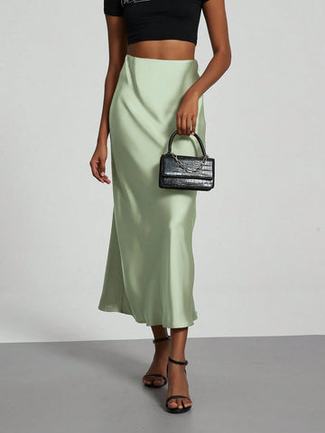 Women Silky Satin Feeling Maxi Skirt
