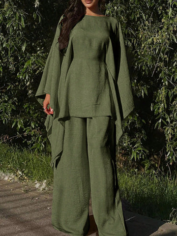 Elegant Cinched Waist Batwing Sleeve Loose Suit