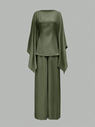 Elegant Cinched Waist Batwing Sleeve Loose Suit