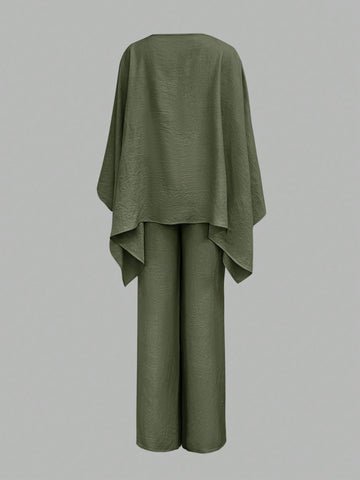 Elegant Cinched Waist Batwing Sleeve Loose Suit