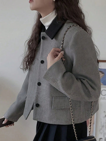 Women Short Stand Collar Color Block Coat