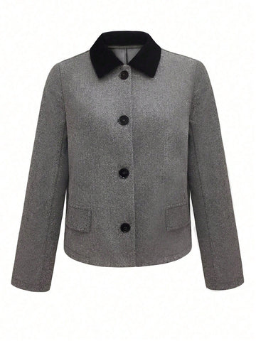 Women Short Stand Collar Color Block Coat