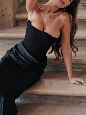 Women Pleated Sexy Backless Fitted Evening Dress