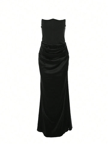 Women Pleated Sexy Backless Fitted Evening Dress