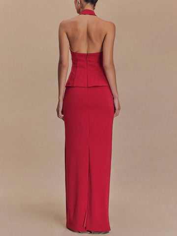 Women Summer Sleeveless Halter Crop Top And Back Slit Long Skirt