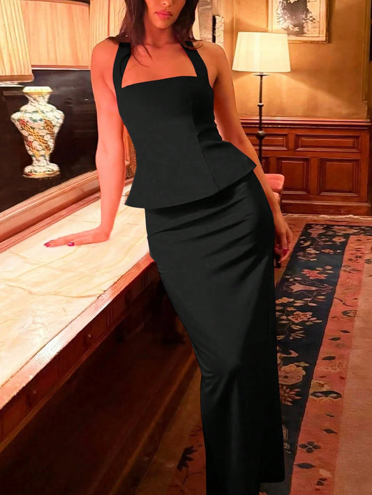 Women Summer Sleeveless Halter Crop Top And Back Slit Long Skirt