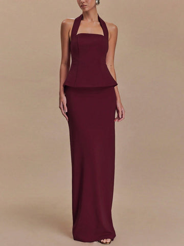 Women Summer Sleeveless Halter Crop Top And Back Slit Long Skirt