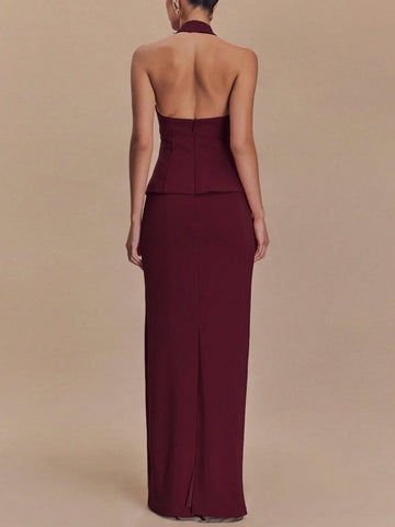 Women Summer Sleeveless Halter Crop Top And Back Slit Long Skirt