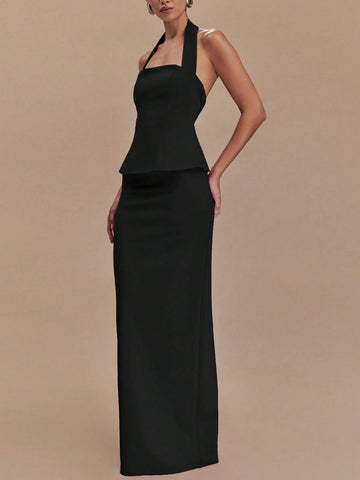 Women Summer Sleeveless Halter Crop Top And Back Slit Long Skirt