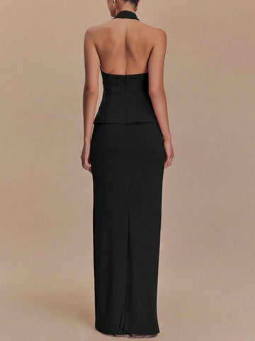 Women Summer Sleeveless Halter Crop Top And Back Slit Long Skirt