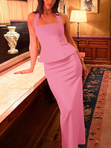 Women Summer Sleeveless Halter Crop Top And Back Slit Long Skirt