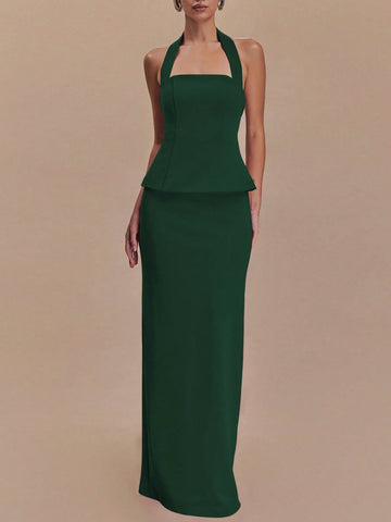 Women Summer Sleeveless Halter Crop Top And Back Slit Long Skirt