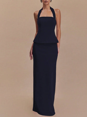 Women Summer Sleeveless Halter Crop Top And Back Slit Long Skirt