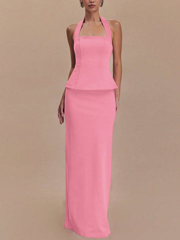Women Summer Sleeveless Halter Crop Top And Back Slit Long Skirt