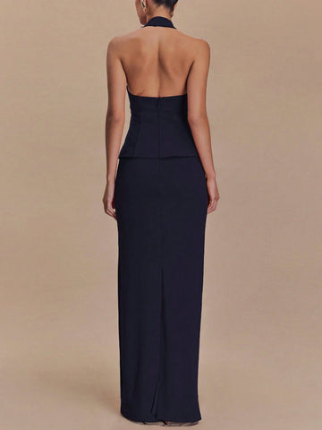 Women Summer Sleeveless Halter Crop Top And Back Slit Long Skirt