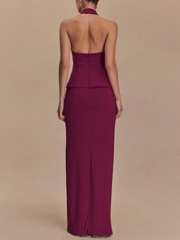 Women Summer Sleeveless Halter Crop Top And Back Slit Long Skirt