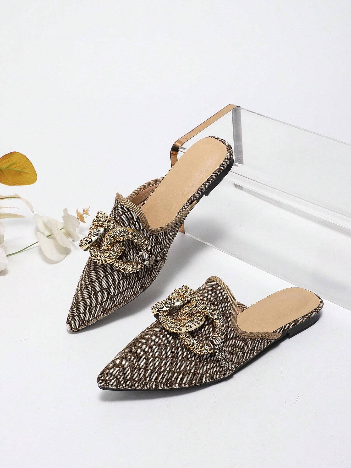 Women's Elegant Spring Summer Flat Pointed Toe Grey Embroidered Ring Pattern Mule With Large Metal Buckles