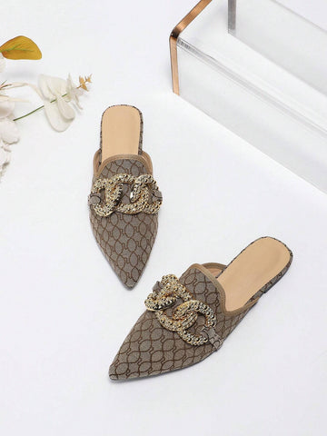 Women's Elegant Spring Summer Flat Pointed Toe Grey Embroidered Ring Pattern Mule With Large Metal Buckles