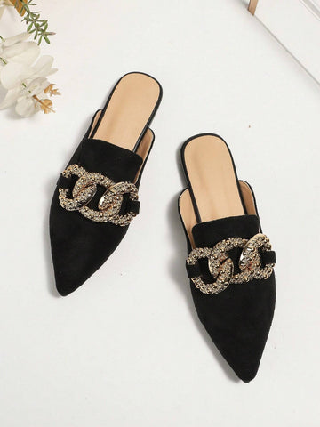 Women's Elegant Spring Summer Flat Pointed Toe Grey Embroidered Ring Pattern Mule With Large Metal Buckles