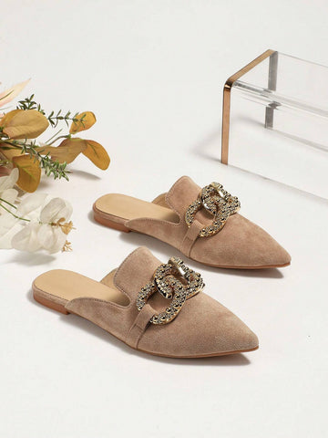 Women's Elegant Spring Summer Flat Pointed Toe Grey Embroidered Ring Pattern Mule With Large Metal Buckles