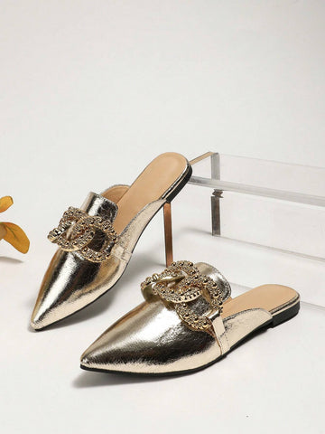 Women's Elegant Spring Summer Flat Pointed Toe Grey Embroidered Ring Pattern Mule With Large Metal Buckles