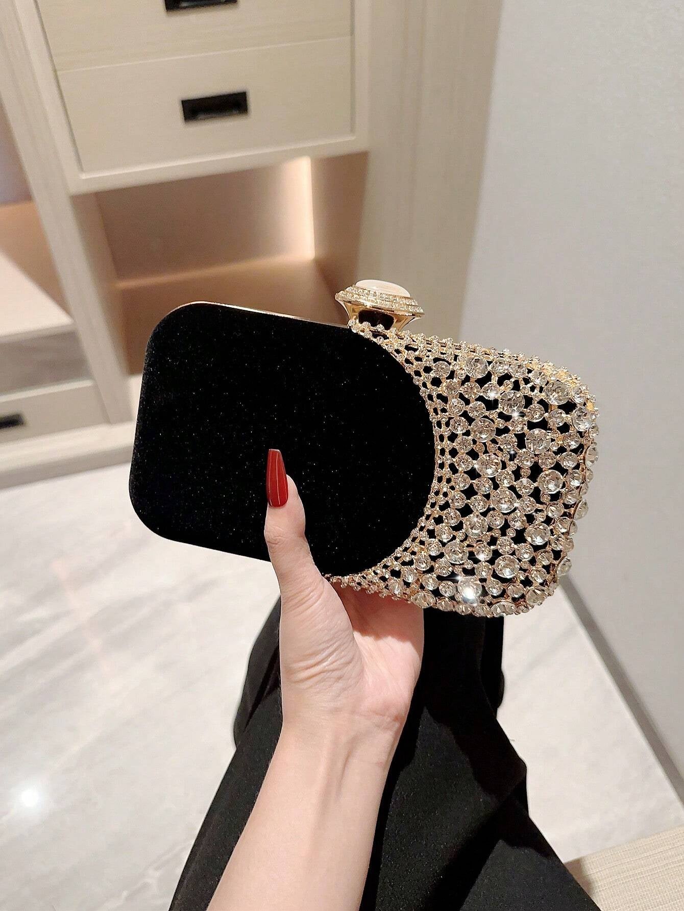 Women's Fashion Velvet Box Clutch Bag With Shimmering Rhinestone Decoration For Evening, Party, Wedding, And Dance