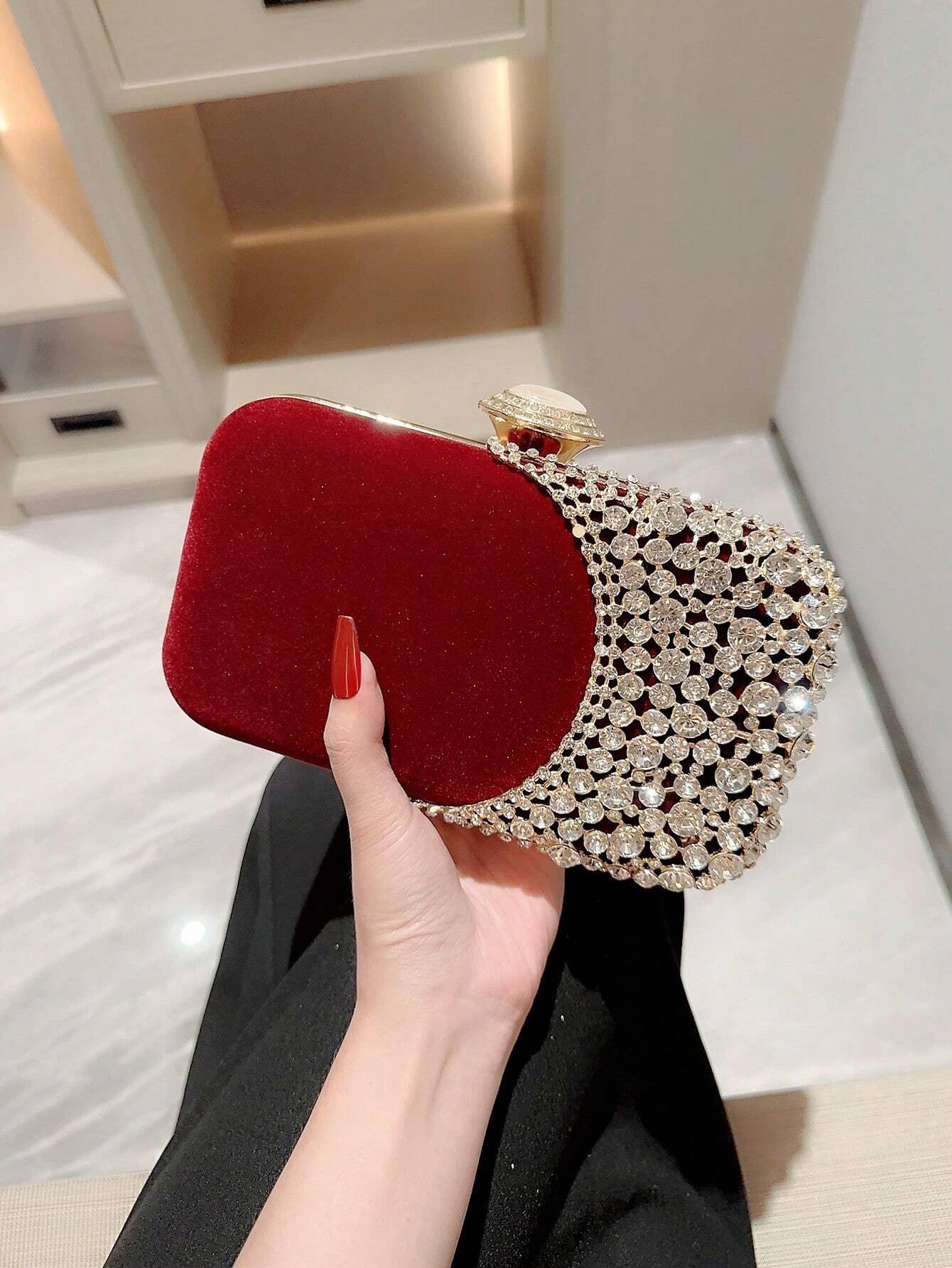 Women's Fashion Velvet Box Clutch Bag With Shimmering Rhinestone Decoration For Evening, Party, Wedding, And Dance