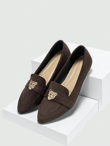 Women's Fashionable Solid Metal & Plain Loafers With Leopard Head