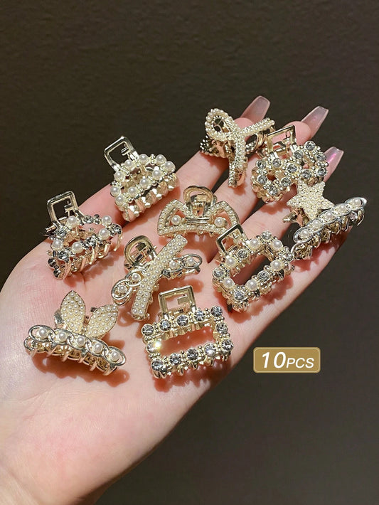 10pcs/pack Women's Pearl & Rhinestone Decor Half Hair Up Claw Clip