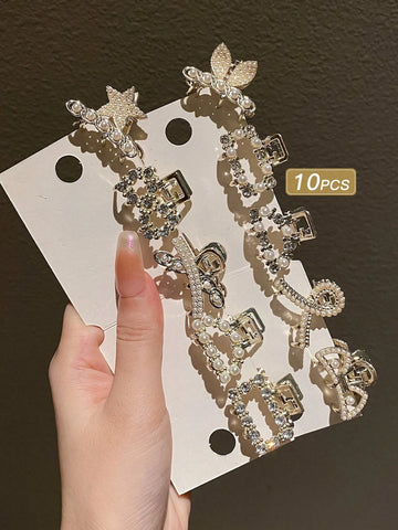 10pcs/pack Women's Pearl & Rhinestone Decor Half Hair Up Claw Clip