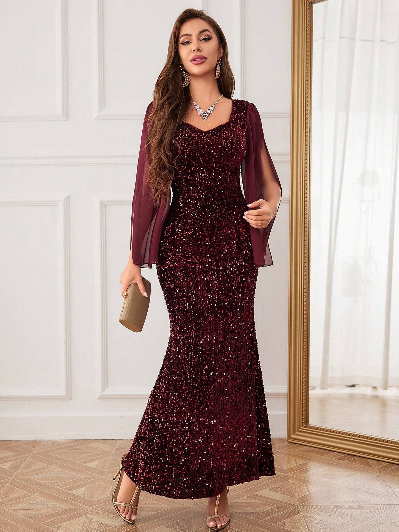 Women's Sequin Applique Mesh Sleeve Evening Dress With Heavy Duty Hem