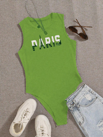 Women's Summer Letter Printed Round Neck Casual Sleeveless Bodysuit