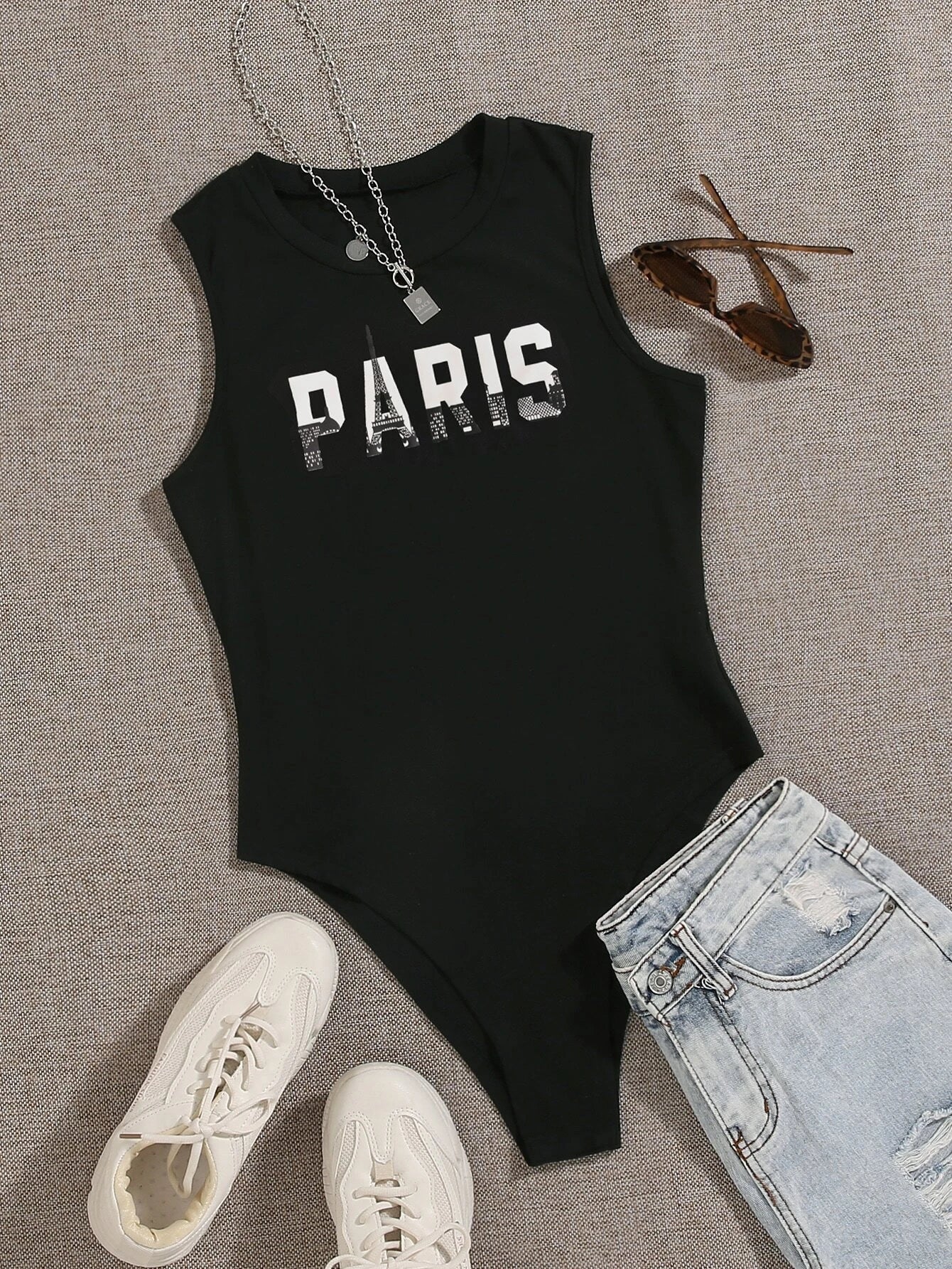 Women's Summer Letter Printed Round Neck Casual Sleeveless Bodysuit