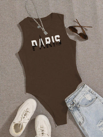 Women's Summer Letter Printed Round Neck Casual Sleeveless Bodysuit