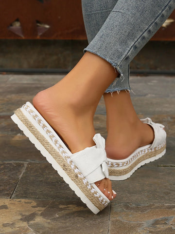 Women's White Butterfly Knot Decorated Wedge Heel Thick Sole Woven Rope Sandals