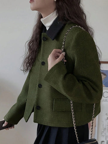 Women Short Stand Collar Color Block Coat