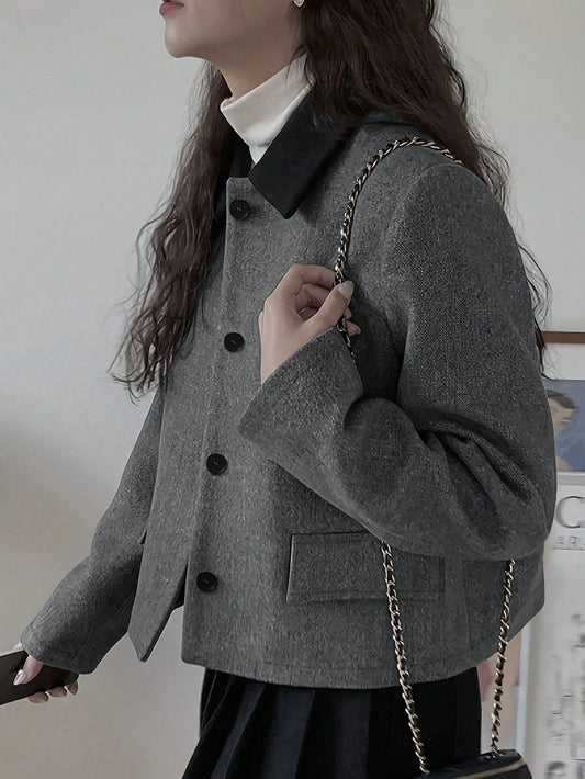 Women Short Stand Collar Color Block Coat