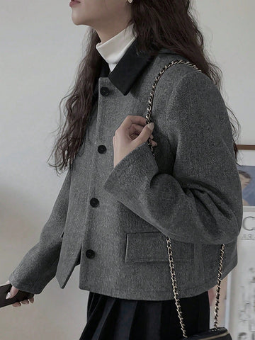 Women Short Stand Collar Color Block Coat