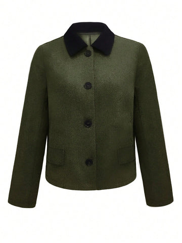 Women Short Stand Collar Color Block Coat