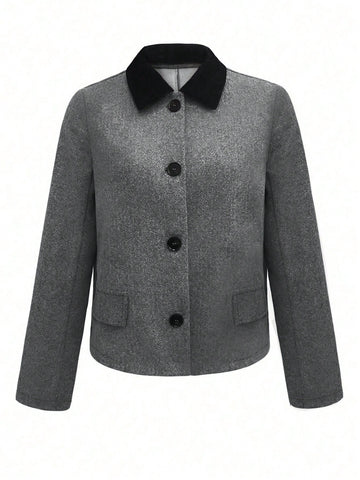 Women Short Stand Collar Color Block Coat