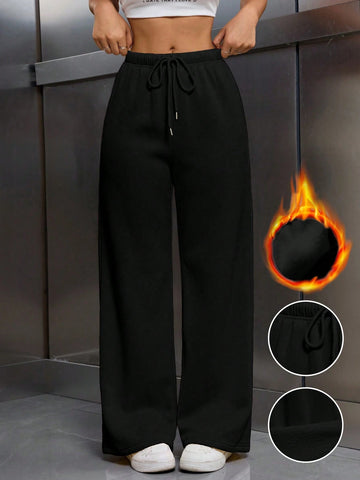 Women's Beige Thermal Lined Elastic Waist Drawstring Loose Pants