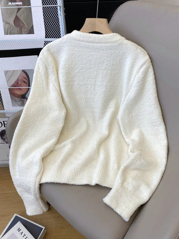 Women's Casual Cat Pattern Round Neck Drop Shoulder Long Sleeve Sweater